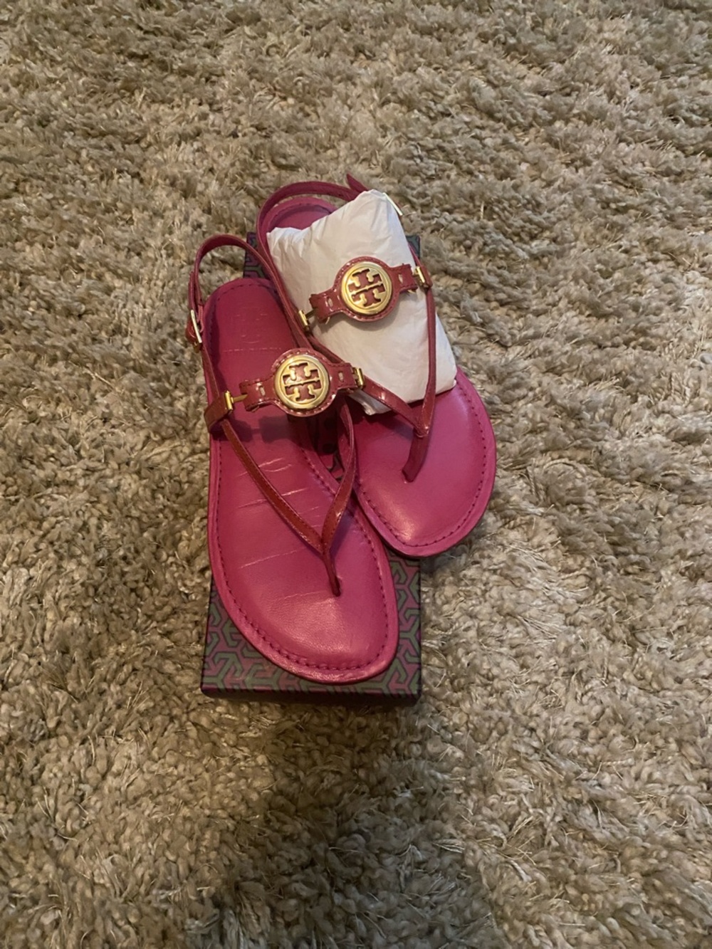 Tory Burch Hot Pink Miller Logo Slingback Sandals with Gold Medallions